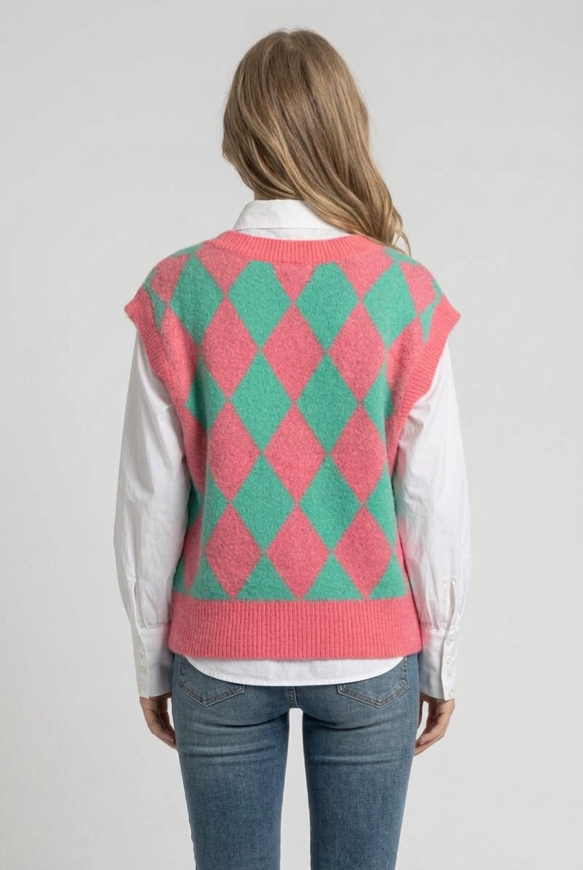 Full-back studio view of the pink-and-green diamond vest