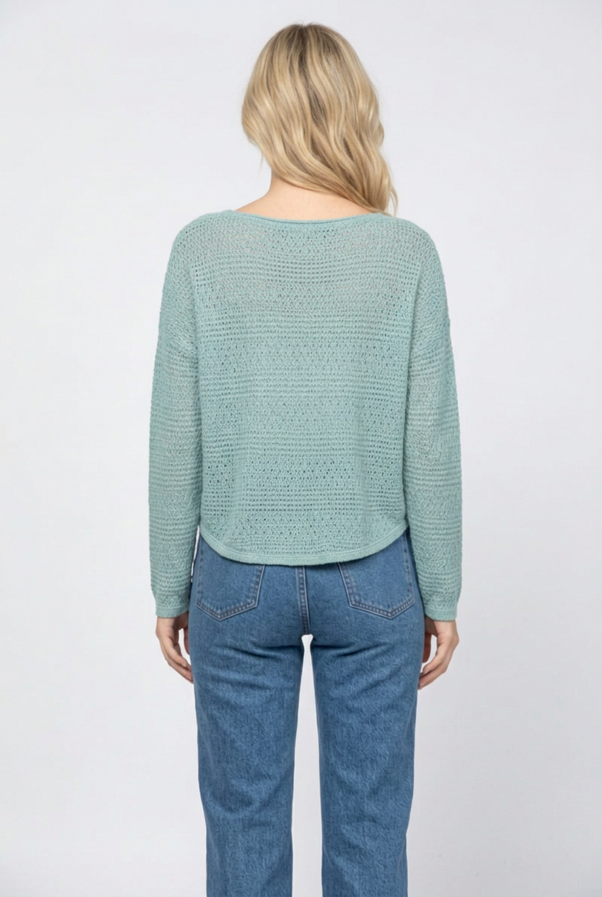 Full-back studio view of the teal knit sweater with denim jeans