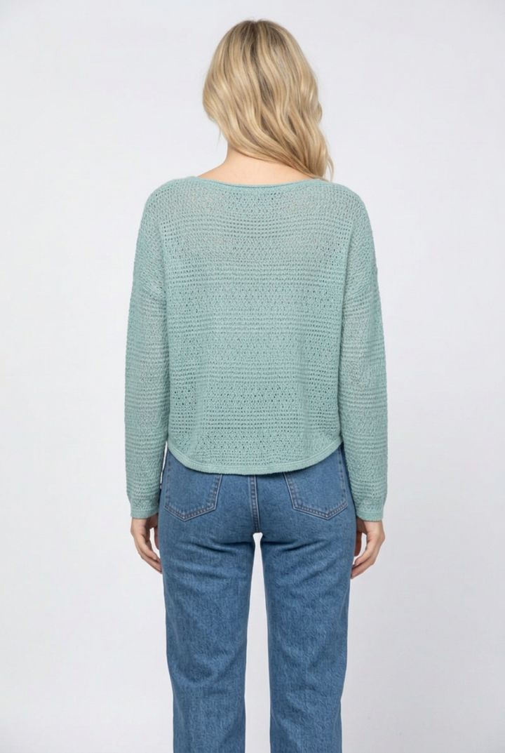 Full-back studio view of the teal knit sweater with denim jeans