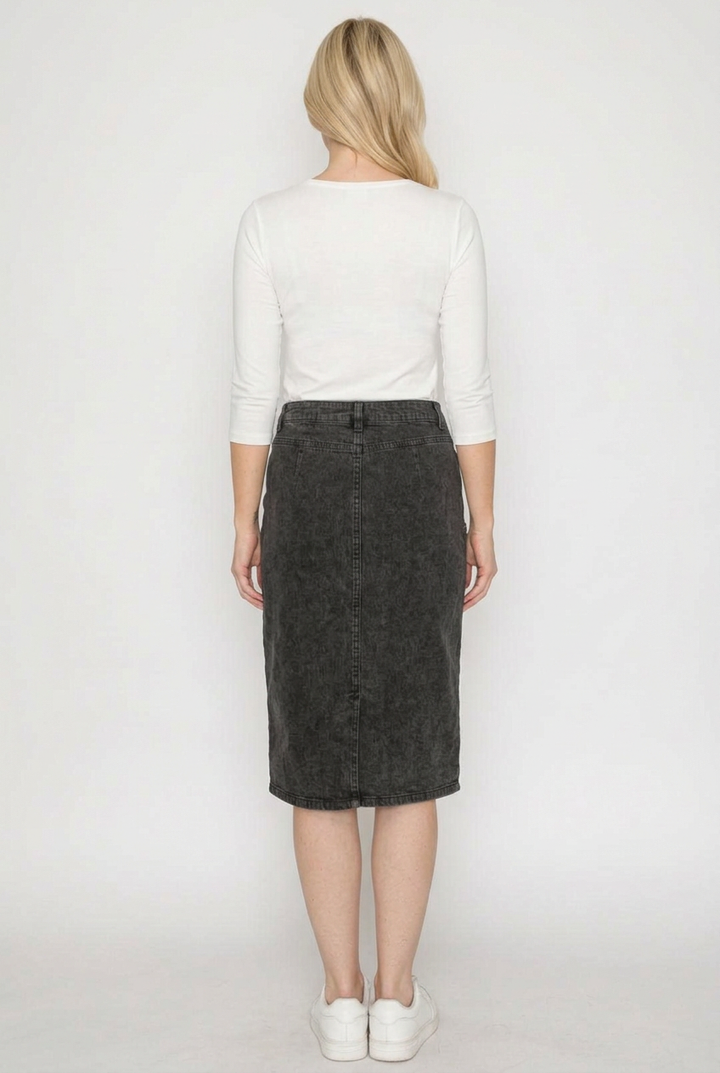 Full-back studio view with white top and black denim skirt