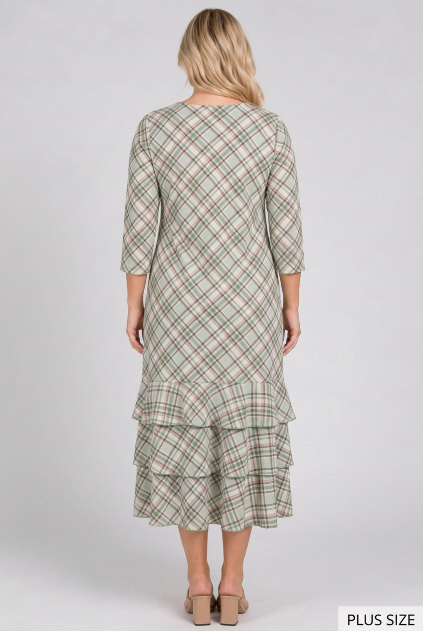 Full back view of the plus-size blonde model in the green plaid dress