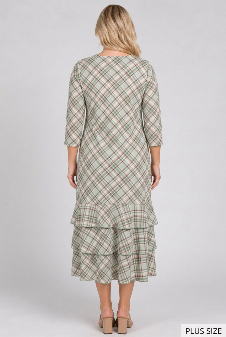 Full back view of the plus-size blonde model in the green plaid dress
