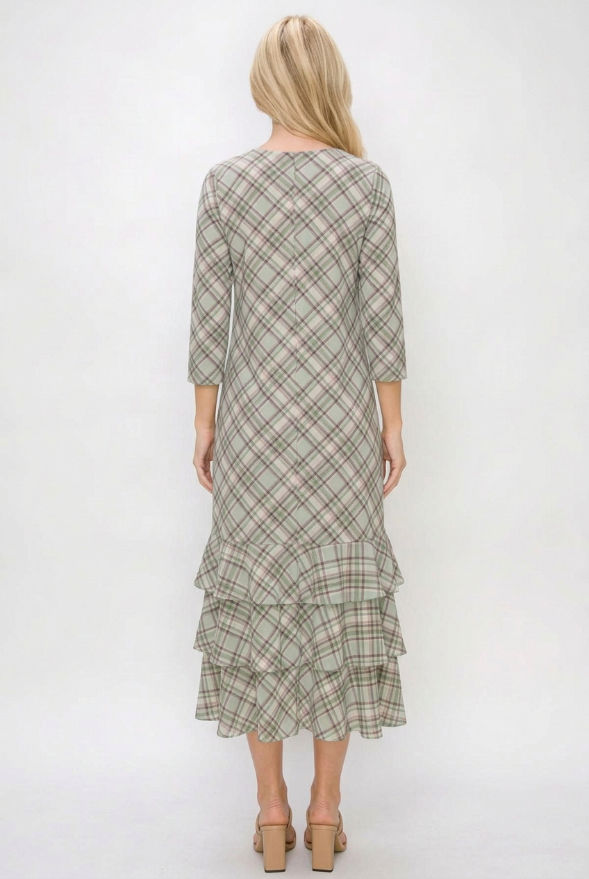 Full back view of the regular-size blonde model wearing the plaid dress