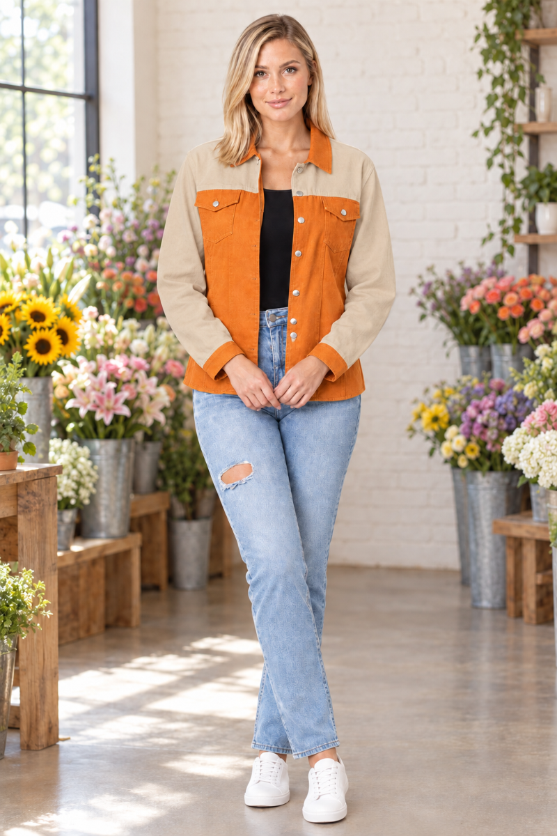 Full-body flower-shop front view with white jacket panels changed to beige