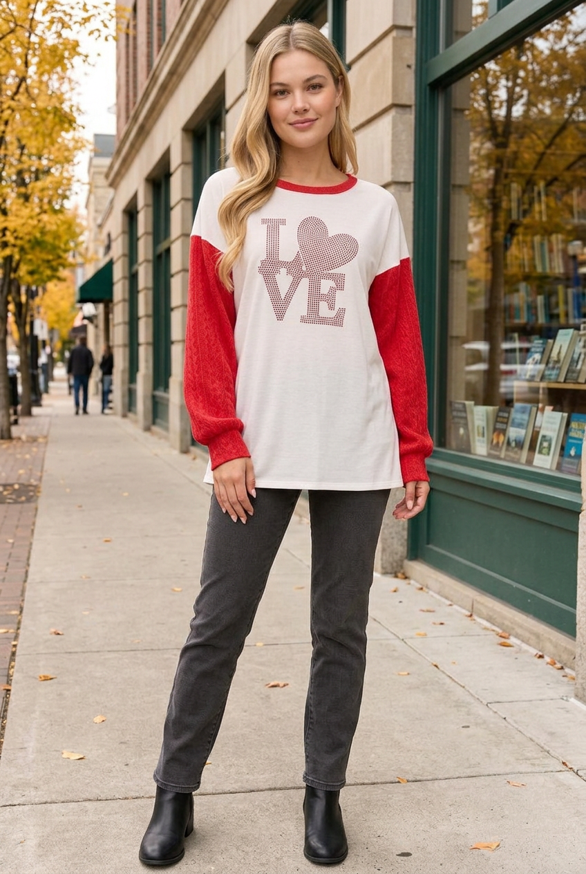 Full-body lifestyle front view in an autumn bookstore setting