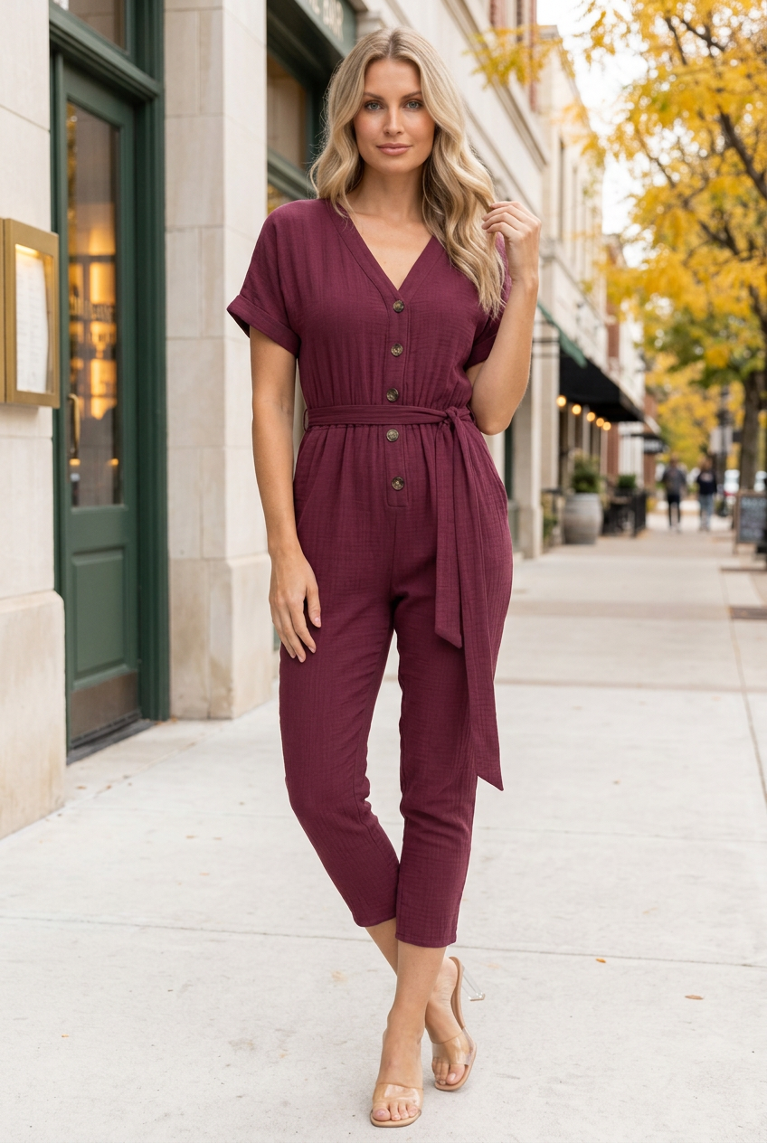 Full-body lifestyle front view wearing the burgundy jumpsuit in an autumn wine-bar setting