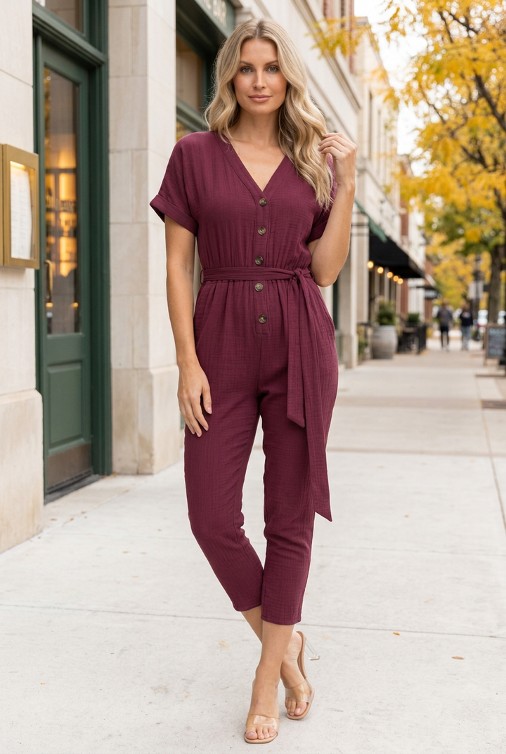 Full-body lifestyle front view wearing the burgundy jumpsuit in an autumn wine-bar setting