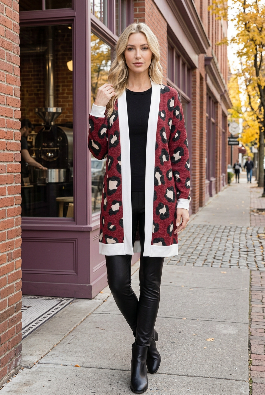Full-body lifestyle front view wearing the burgundy leopard cardigan in an autumn setting