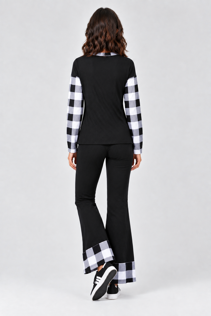 Full-body studio back view, black outfit with black-and-white plaid accents, black sneakers with white details