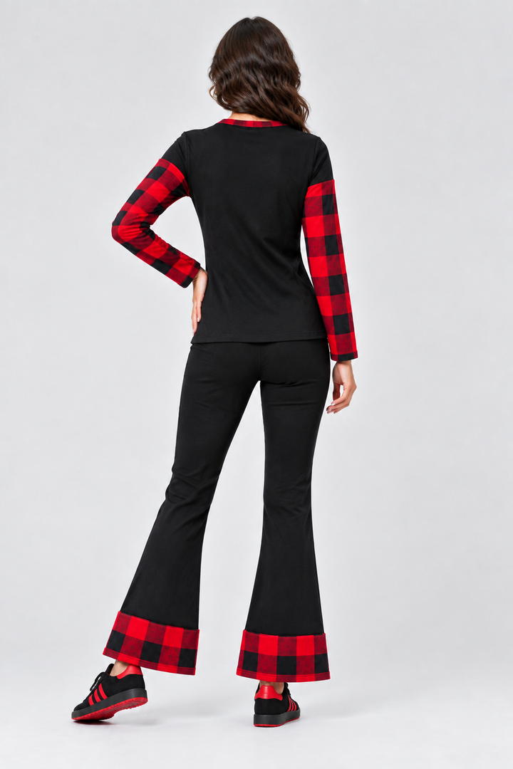 Full-body studio back view, black outfit with red plaid accents and black-and-red sneakers