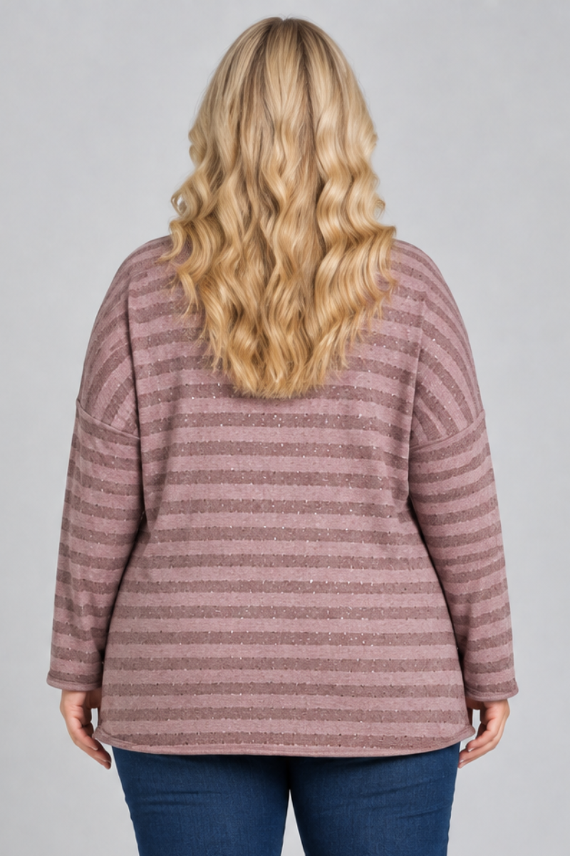 Full-body studio back view, blonde plus-size model in mauve striped top and dark jeans