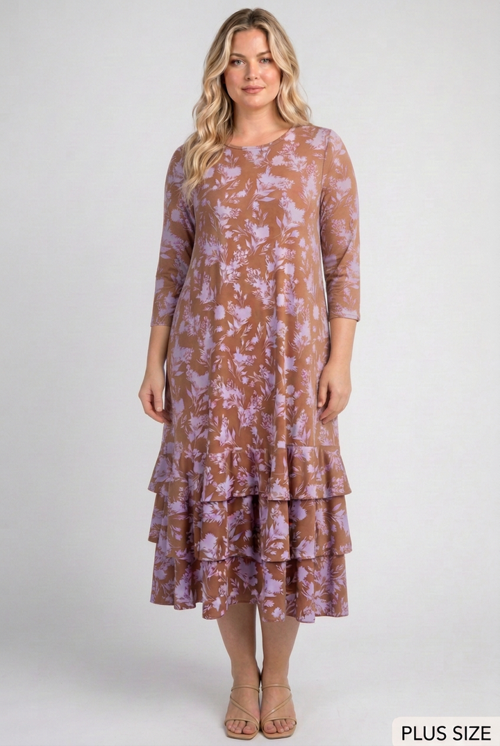 Fuller curvy blonde model wearing the floral dress