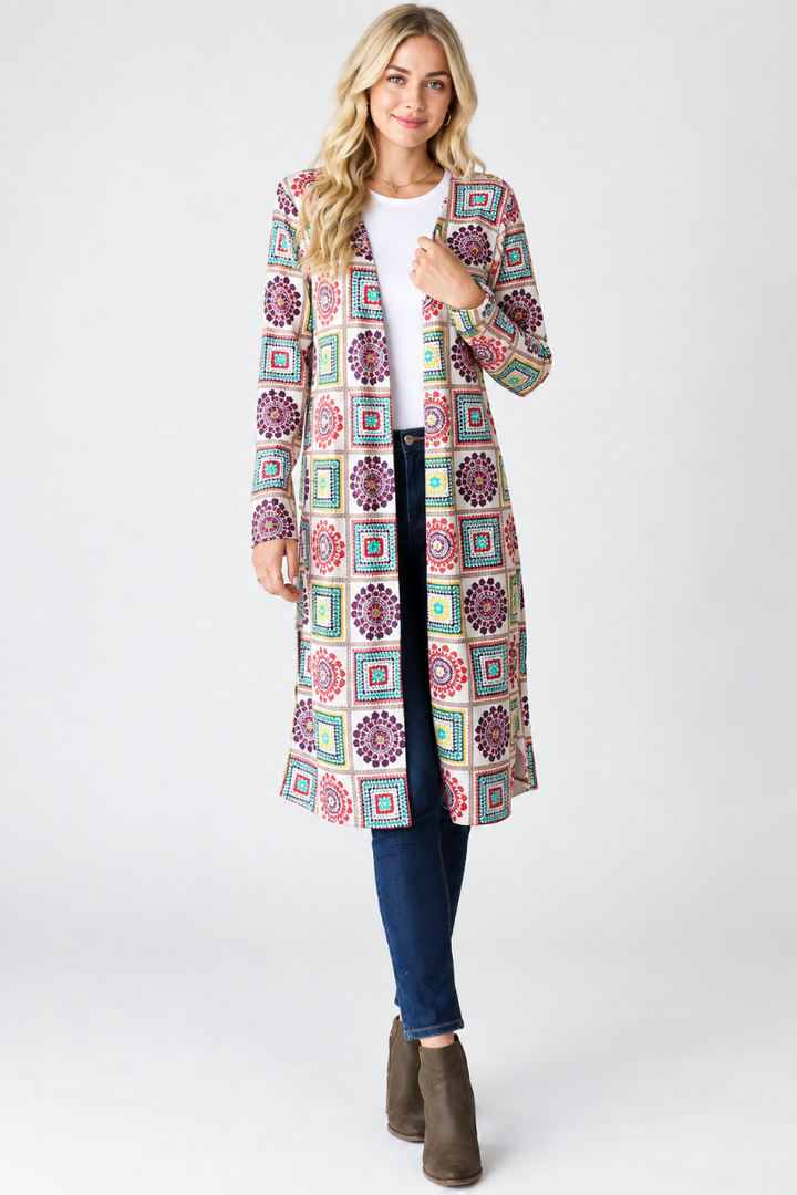 Geometric print open-front cardigan, blonde model, studio background