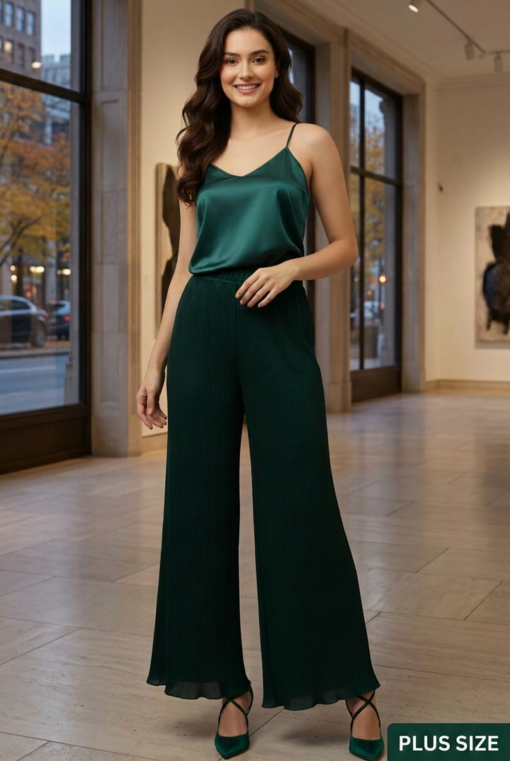 Green wide-leg pants in an elegant art-gallery setting