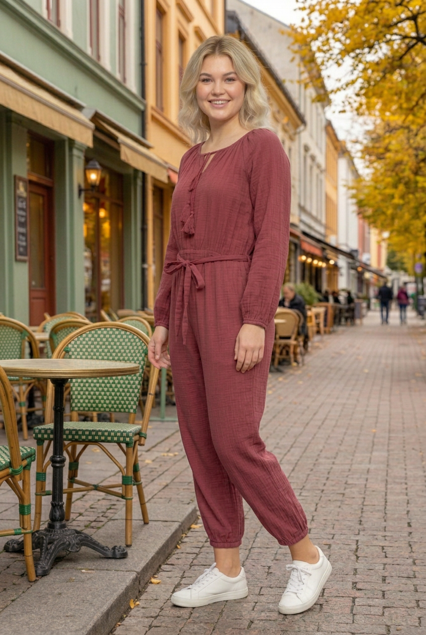 Half-side lifestyle pose beside the café tables