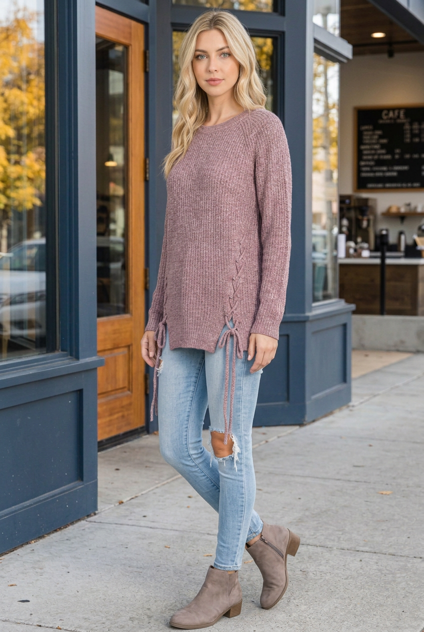 Half-side lifestyle pose in the autumn café setting