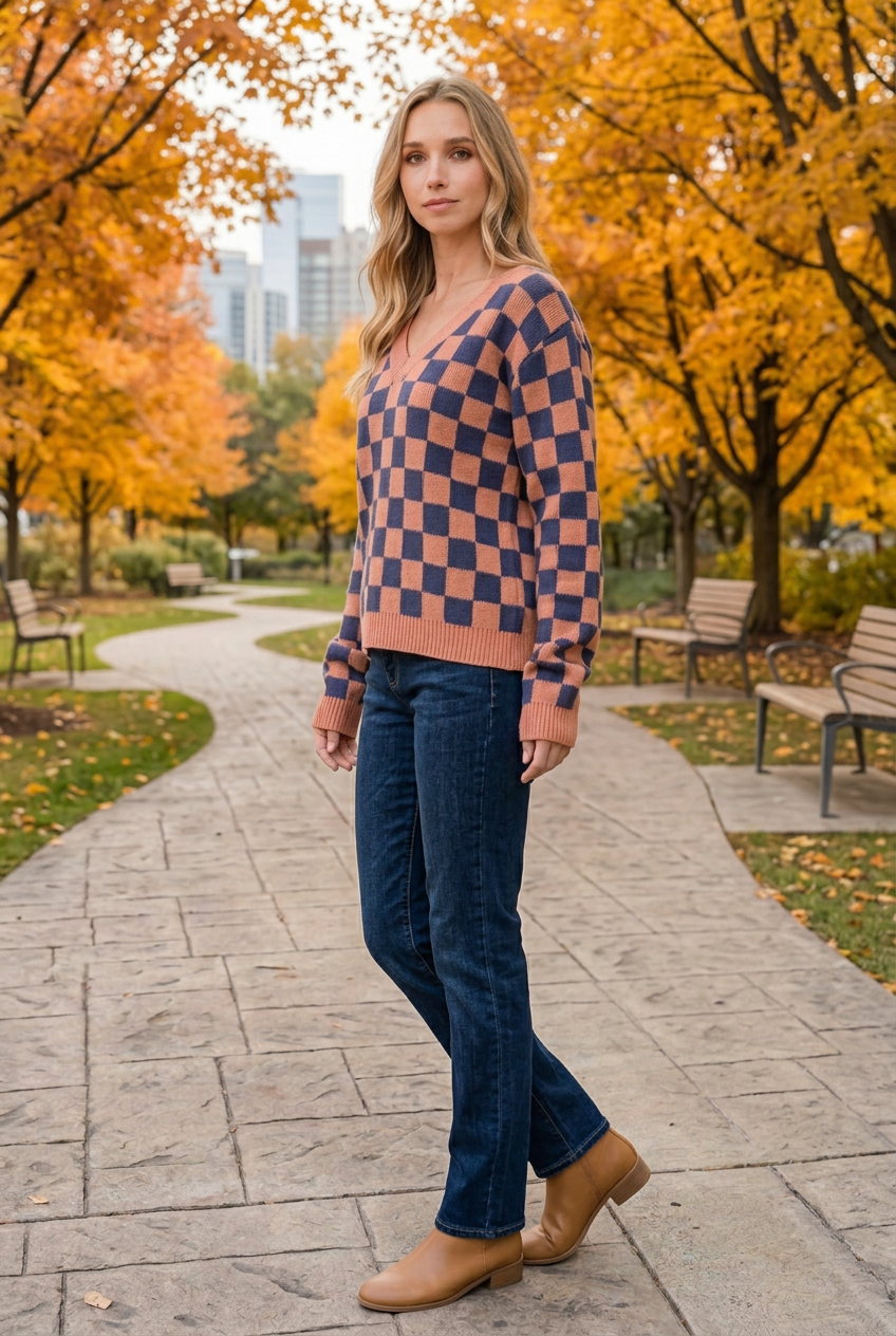 Half-side lifestyle pose wearing the checkerboard sweater in the autumn park