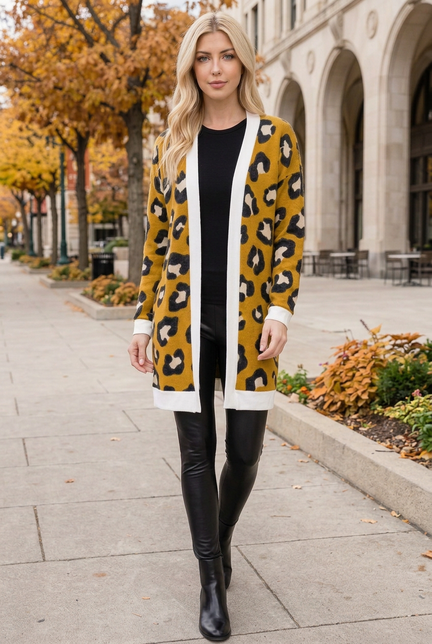 Half-side lifestyle pose wearing the mustard cardigan in the autumn plaza