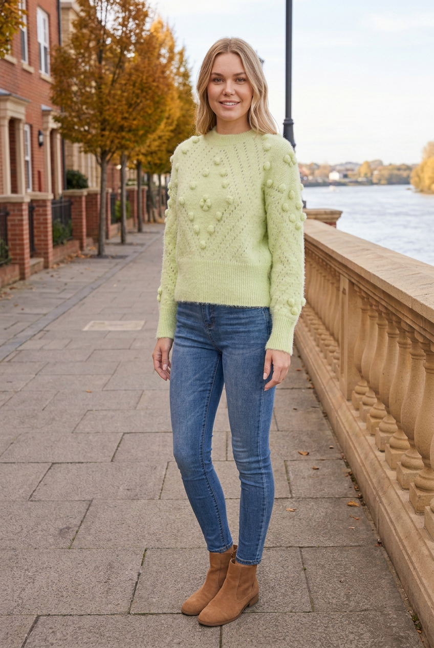 Half-side lifestyle pose wearing the pale green sweater in the autumn riverside setting