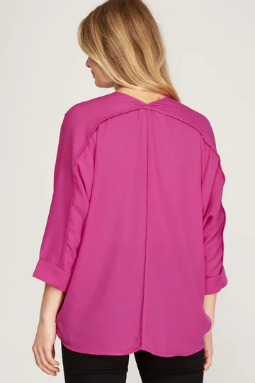 V-NECK 3/4 SLEEVES WOVEN TOP SKSS9887