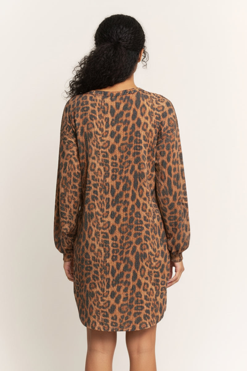 LONG PUFF SLEEVE ANIMAL URBAN RIBBED MINI DRESS-HMED6710