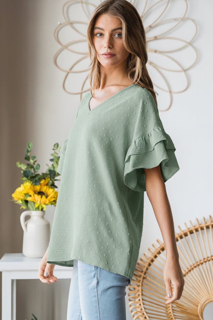 PLUS SIZE-DOUBLE RUFFLED V NECK SOLID SWISS DOT TOP