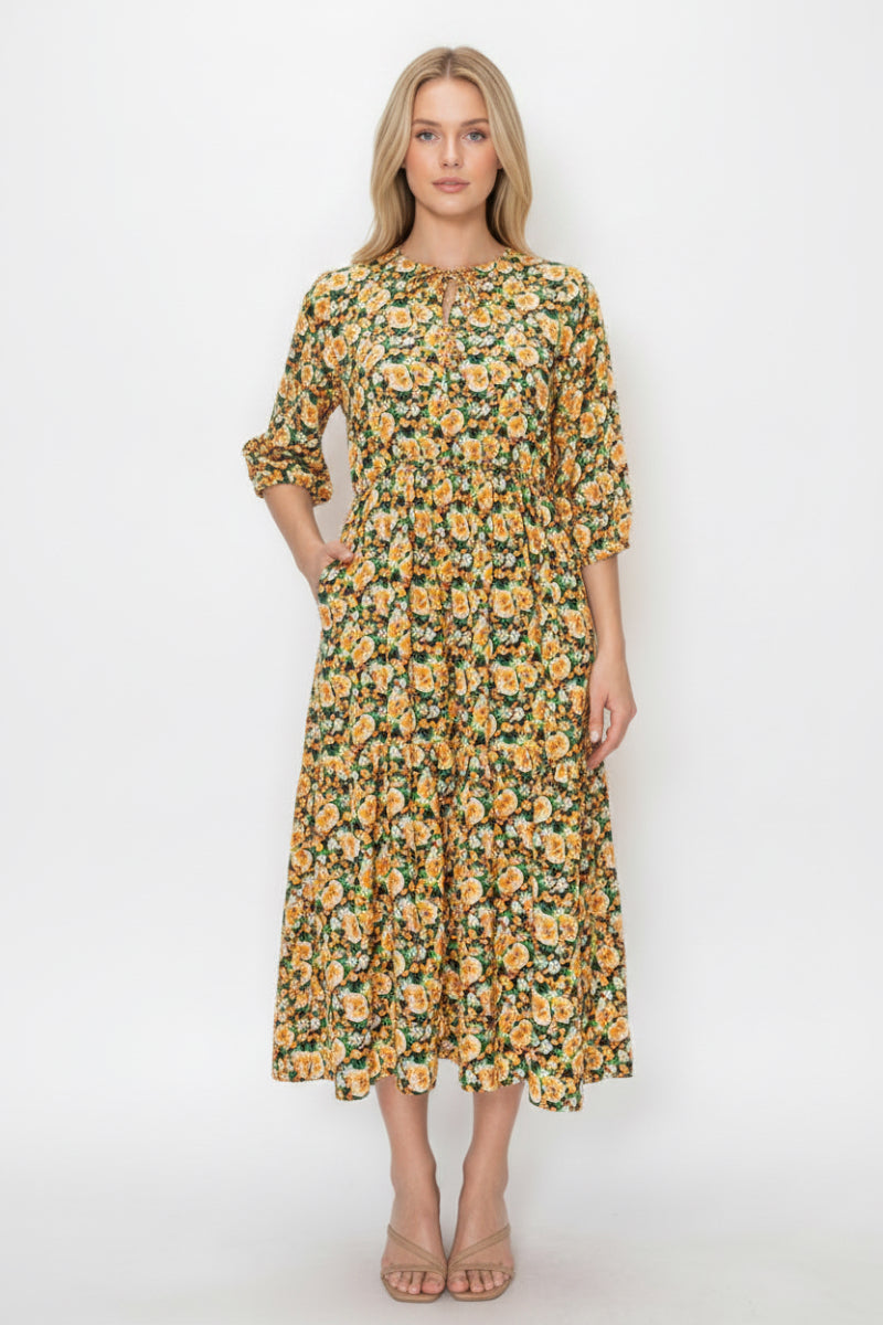 PLUS SIZE ROUND TIE NECKLINE MIDI DRESS WITH A RELAXED FIT SHVL5994-E