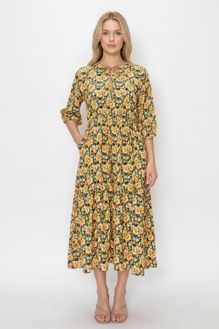 PLUS SIZE ROUND TIE NECKLINE MIDI DRESS WITH A RELAXED FIT SHVL5994-E