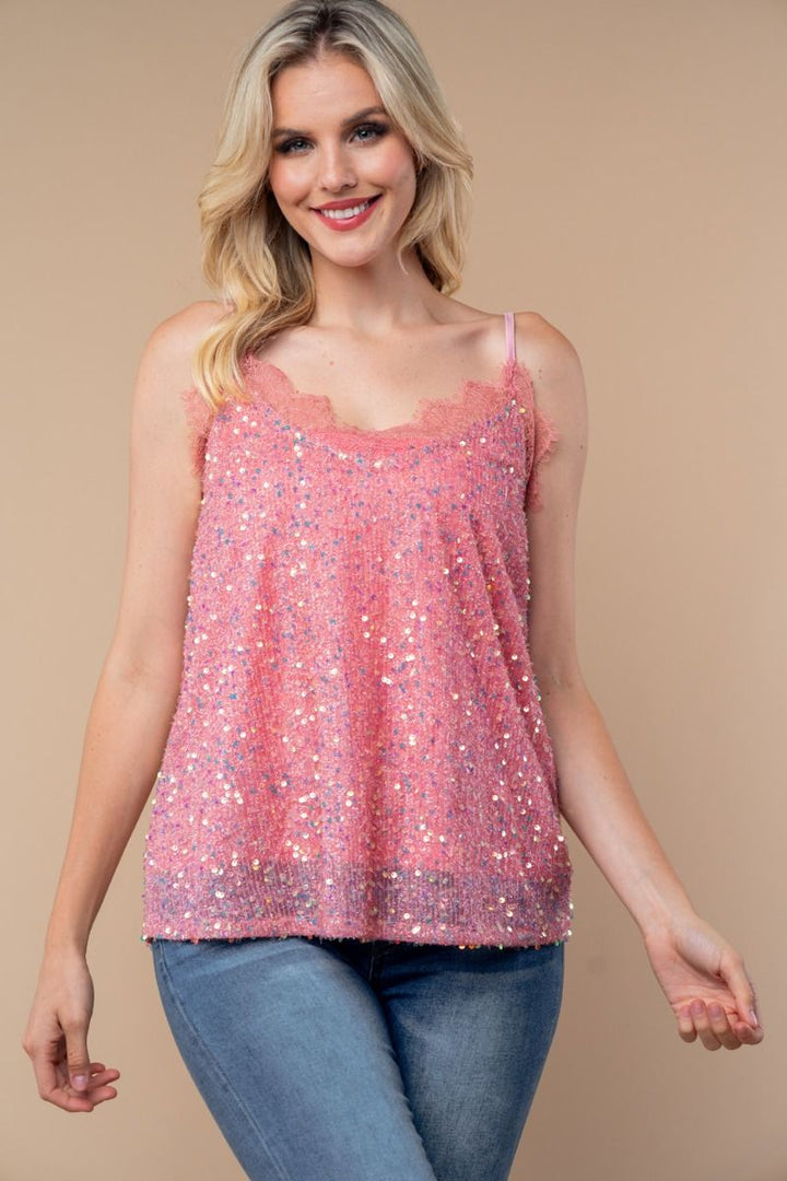SLEEVELESS SEQUIN TOP WITH V-NECK FEATURING LACE