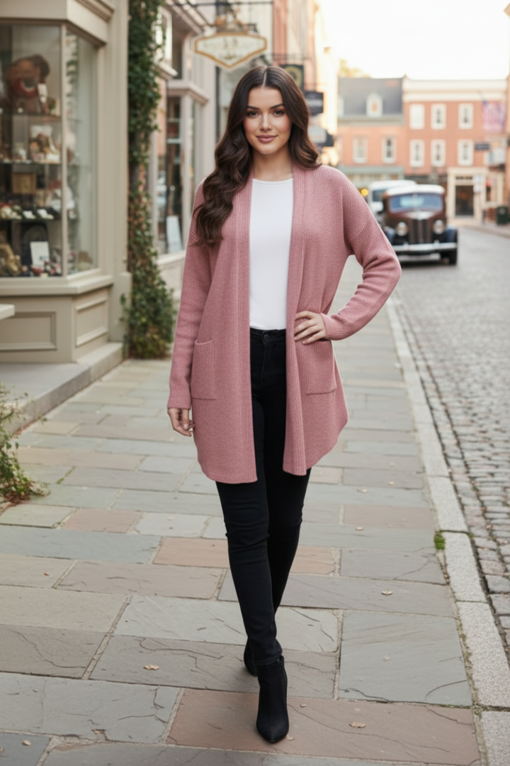 LONG SLEEVE SOLID BRUSHED URBAN RIBBED OPEN CARDIGAN-HMEJ6782-18