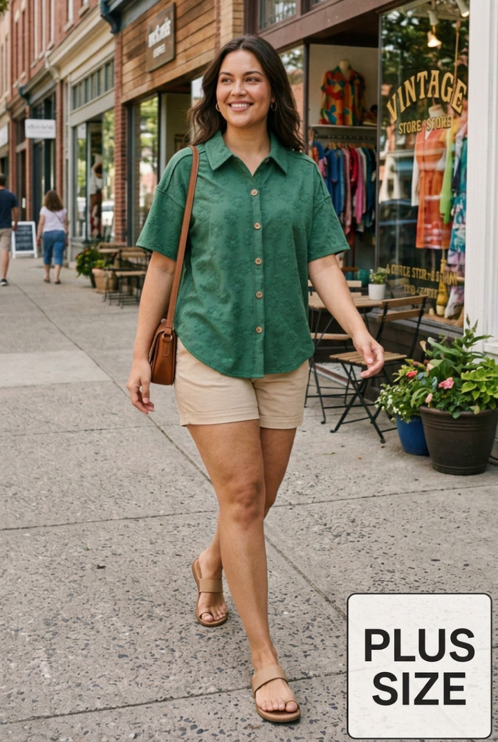 PLUS SIZE BUTTON DOWN SHORT SLEVE TOP HMET7805-12