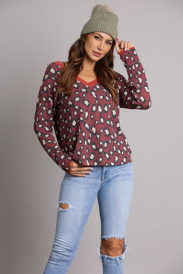 CHEETAH PRINT LACE-UP BACK KNIT TOP TY10840-