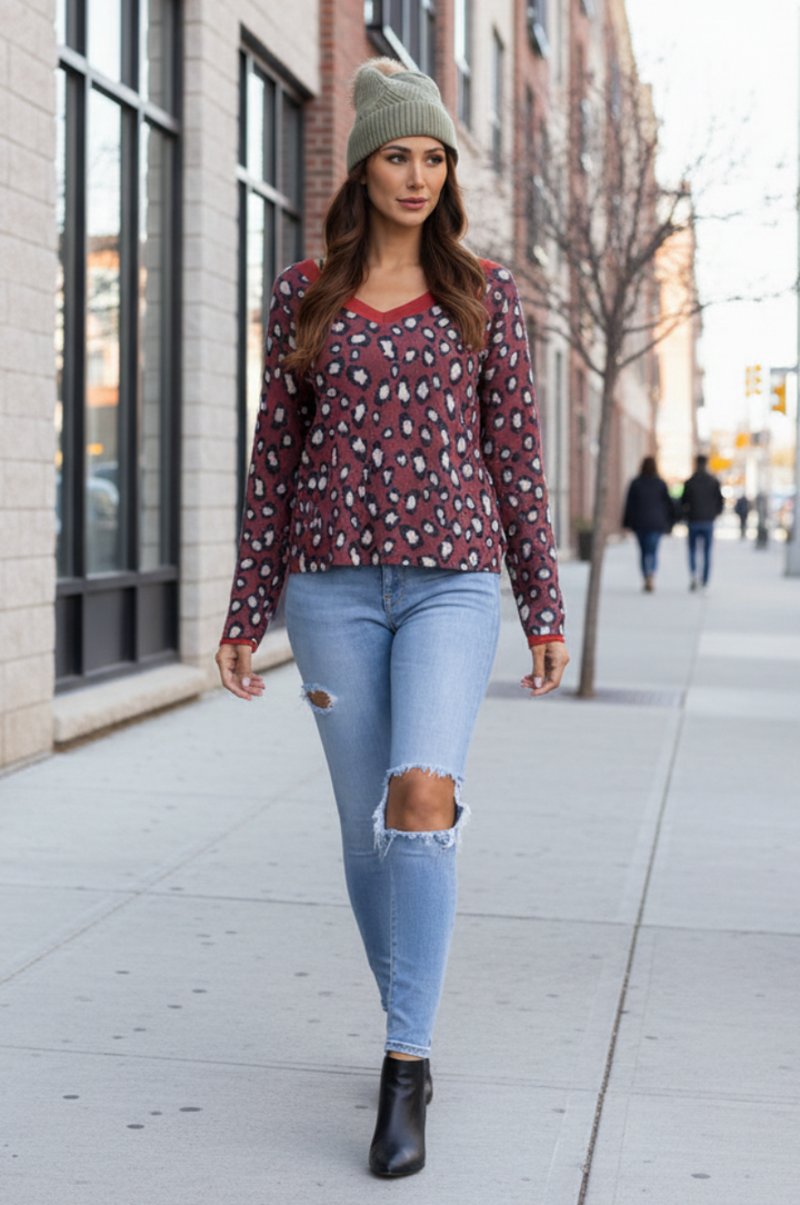 CHEETAH PRINT LACE-UP BACK KNIT TOP TY10840-