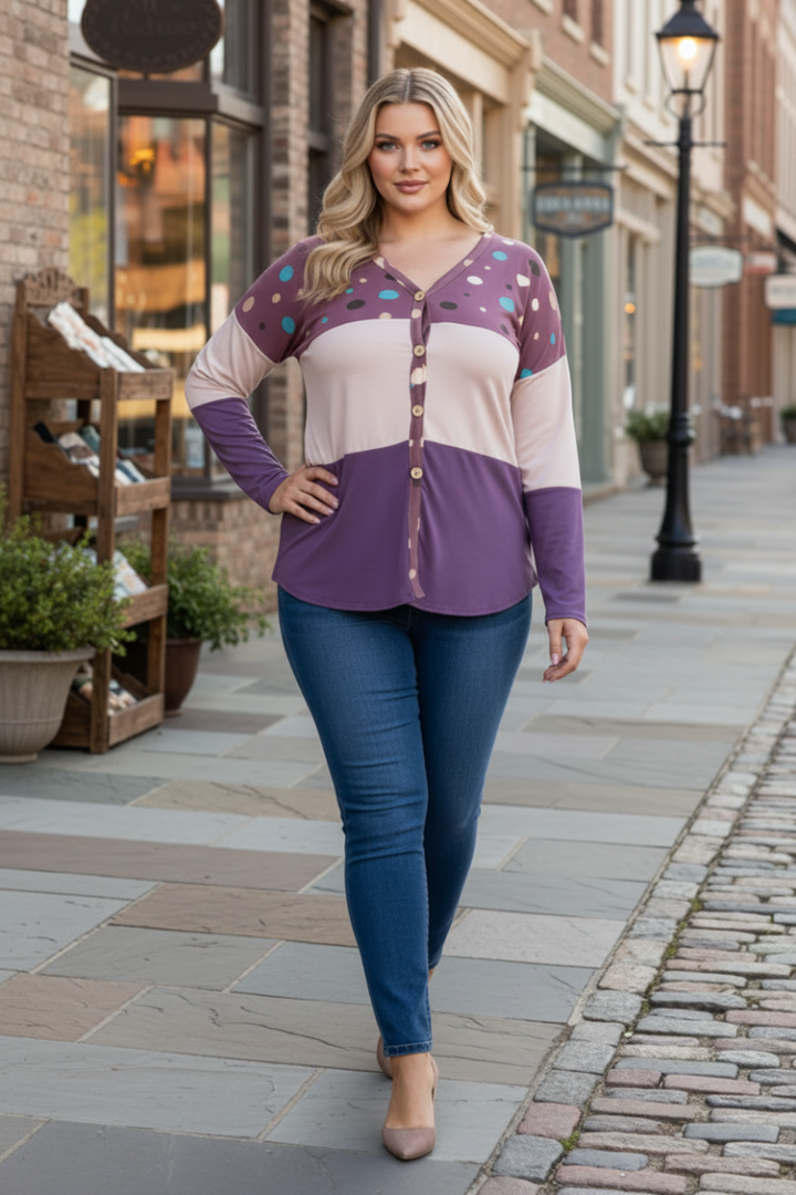 POLKADOT COLOR BLOCK BUTTON DOWN PLUS SIZE SWEATER-CT43590DX-