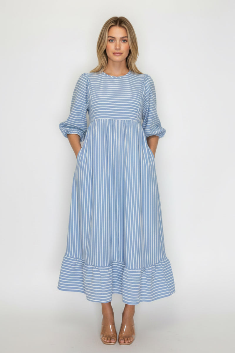 PLUS SIZE LOOSE FIT STRIPPED MIDI DRESS WITH BALLOON SLEEVE