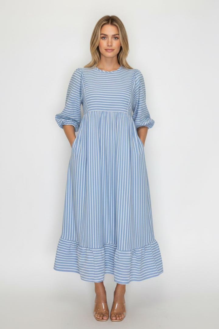 PLUS SIZE LOOSE FIT STRIPPED MIDI DRESS WITH BALLOON SLEEVE