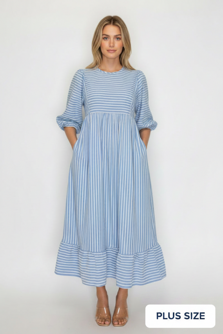 PLUS SIZE LOOSE FIT STRIPPED MIDI DRESS WITH BALLOON SLEEVE