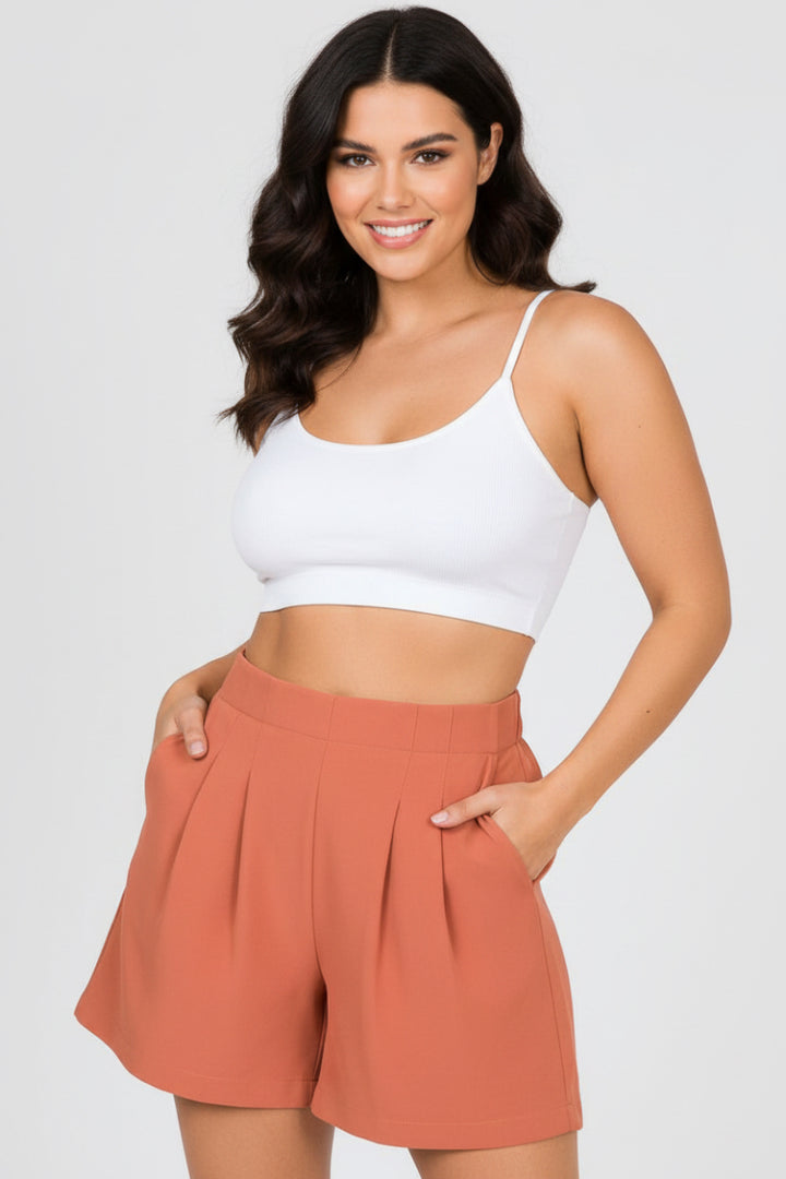 PLEATED ELASTIC WAIST W/SIDE POCKETS  PLUS SIZE SHORTS HMP1009