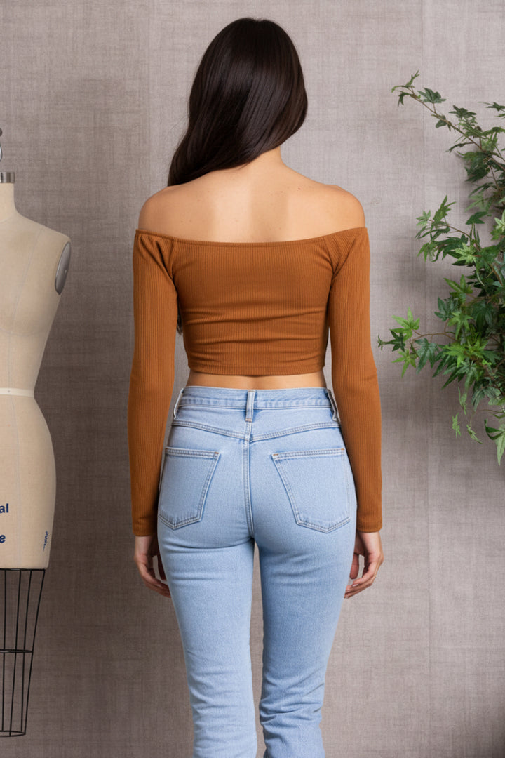 SPRUCE  RIBBED LONG SLEEVES V-CUT HEMLINE  CROP TOP-L7328