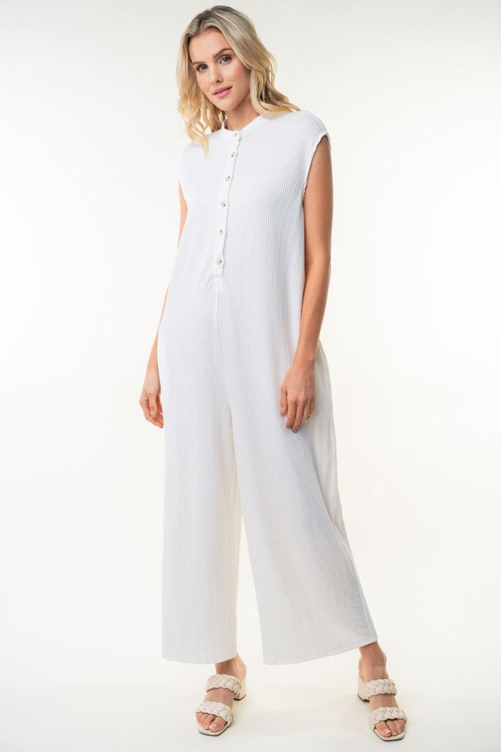 SLEEVELESS SOLID KNIT JUMPSUITE WITH HALF BUTTON UP