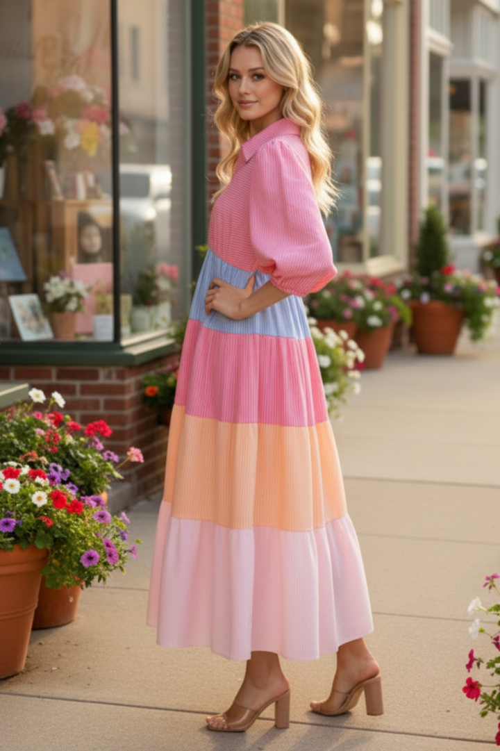 TIERED SILHOUETTE COLORBLOCK MIDI DRESS SHVL6112