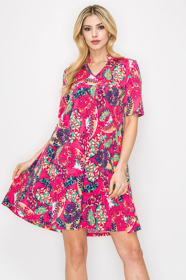 TROPICAL PRINT SWING SHORT SLEEVE PLUS SIZE MINI DRESS-SHVC5086ES