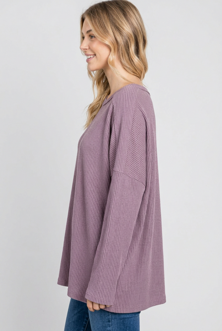 LONG SLEEVE ROUND NECK SOLID URBAN RIBBED TOP HMET7690-10