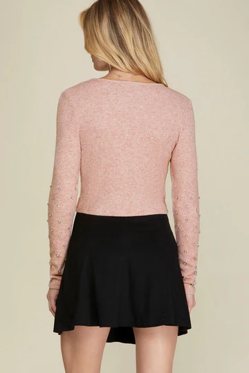 BEADED RHINESTONE LONG SLEEVES RIB KNIT TOP SKSY5926