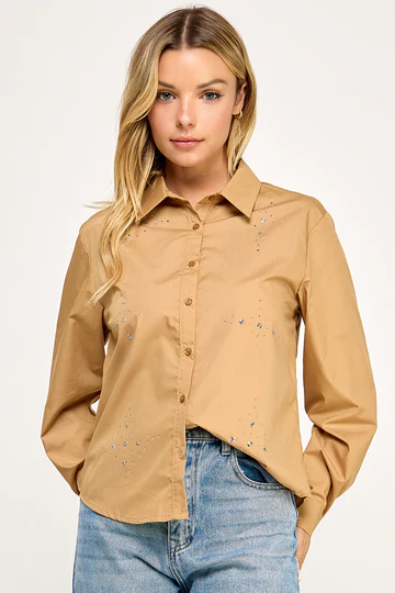 OLIVE COLLARED FRONT BUTTON DOWN LONG SLEEVES TOP AV51158W