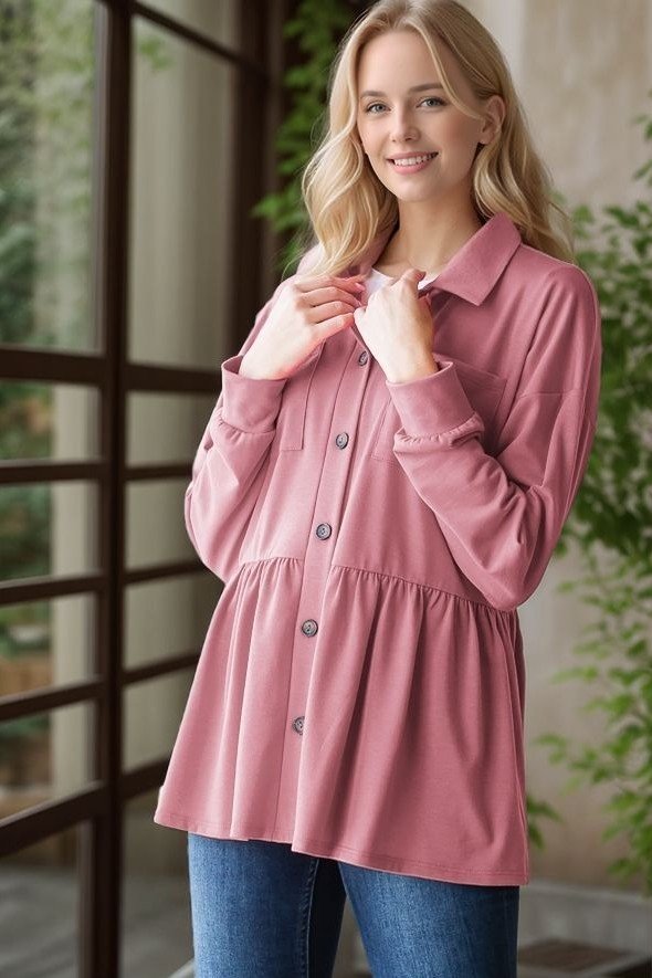 LONG PUFF SLEEVE BASIC COLLAR SOLID BUTTON DOWN JACKET WITH FRONT POCKET AND SHIRRIND DETAIL