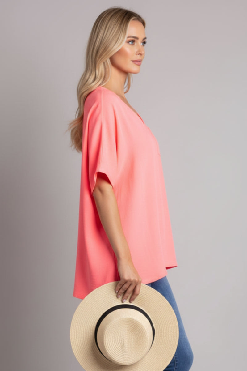 AQUA SOLID V-NECK SHORT SLEEVE LOOSE FIT TUNIC TOP-ST11475-