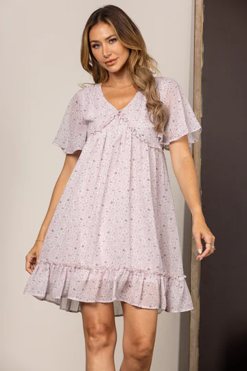 CHIFFON FLORAL BELL SLEEVES RUFFLED MINI DRESS SD63921 *