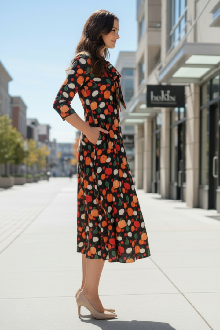 PLUS SIZE TIE-NECK A-LINE WITH SIDE POCKETS MIDI DRESS -SHVL5831