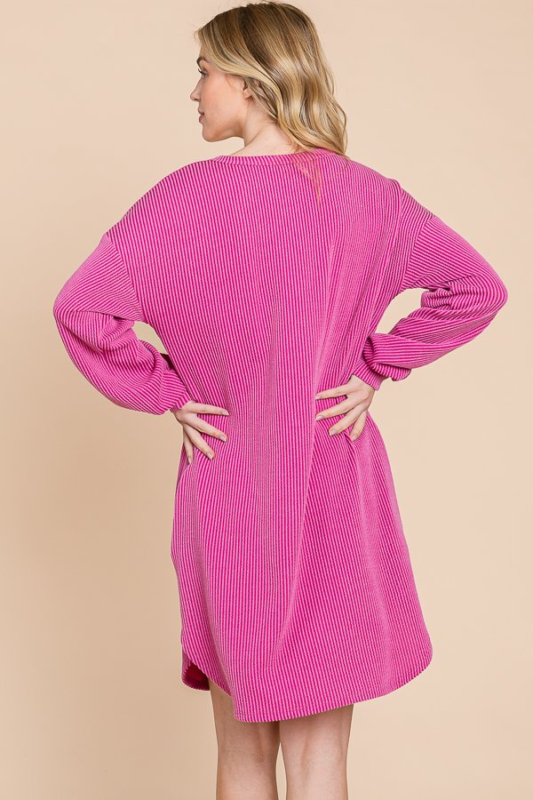 PLUS SIZE LONG PUFF SLEEVE SOLID URBAN RIBBED MINI DRESS